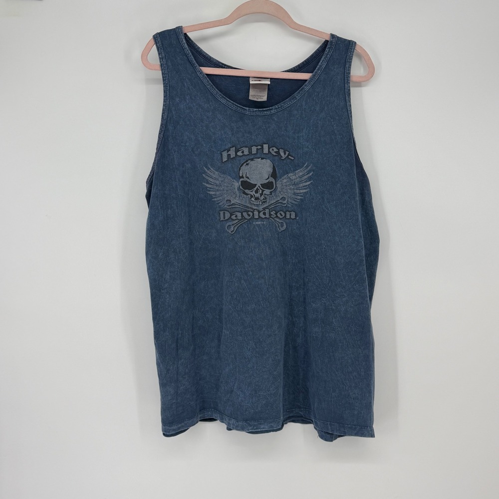 Harley-Davidson Mens‎ XL Blue Acid Wash Skull Graphic Tank Top Skip Fordyce 2009